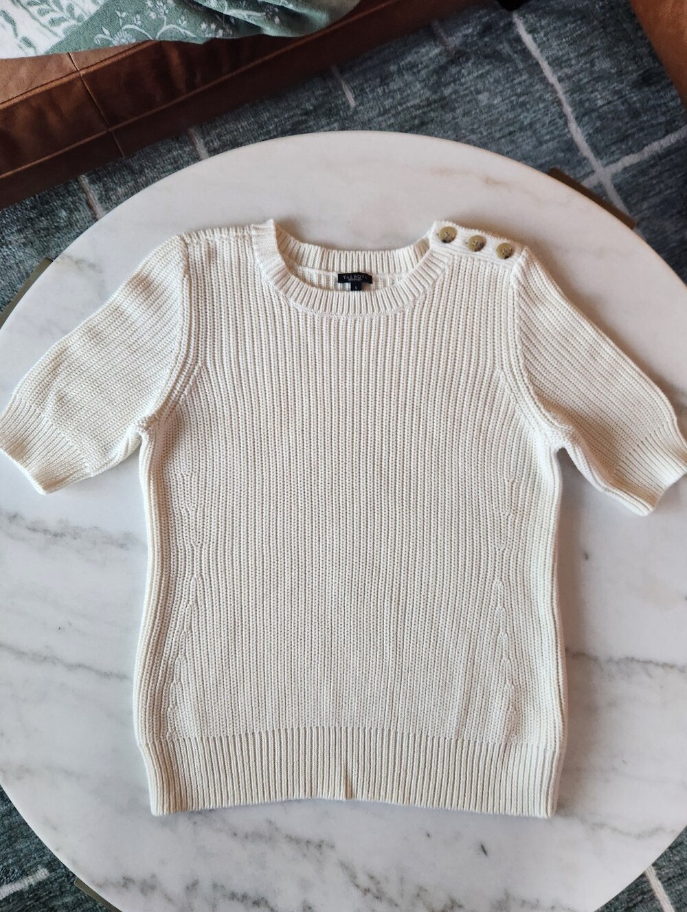 Talbots Ivory Chunky Cotton Knit Crew Neck Short Sleeve Sweater Top Large